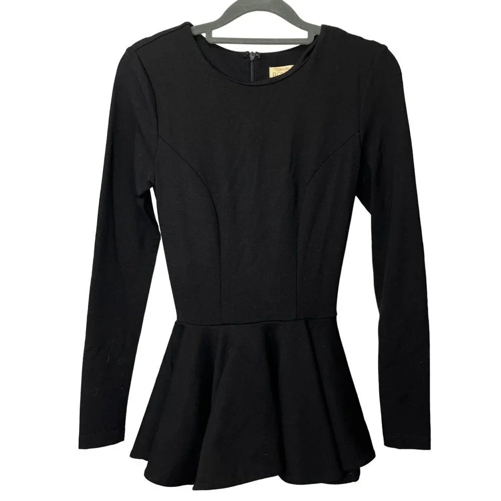 Torn By Ronny Kobo Judy Peplum Long Sleeve Blouse Black Size‎ Small